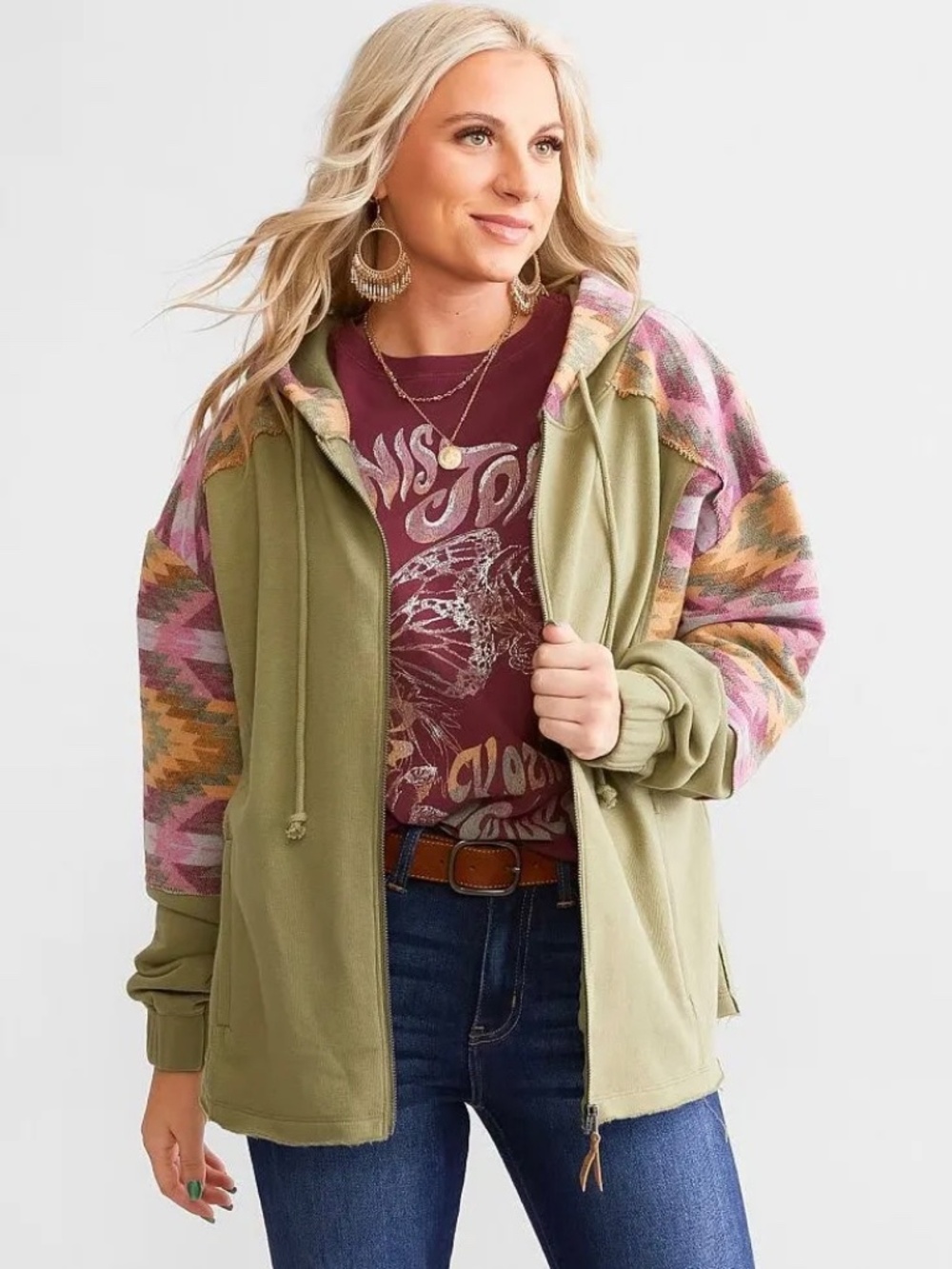 NWT BKE Deep Lichen Green Southwestern Pieced Full Zip Hoodie M